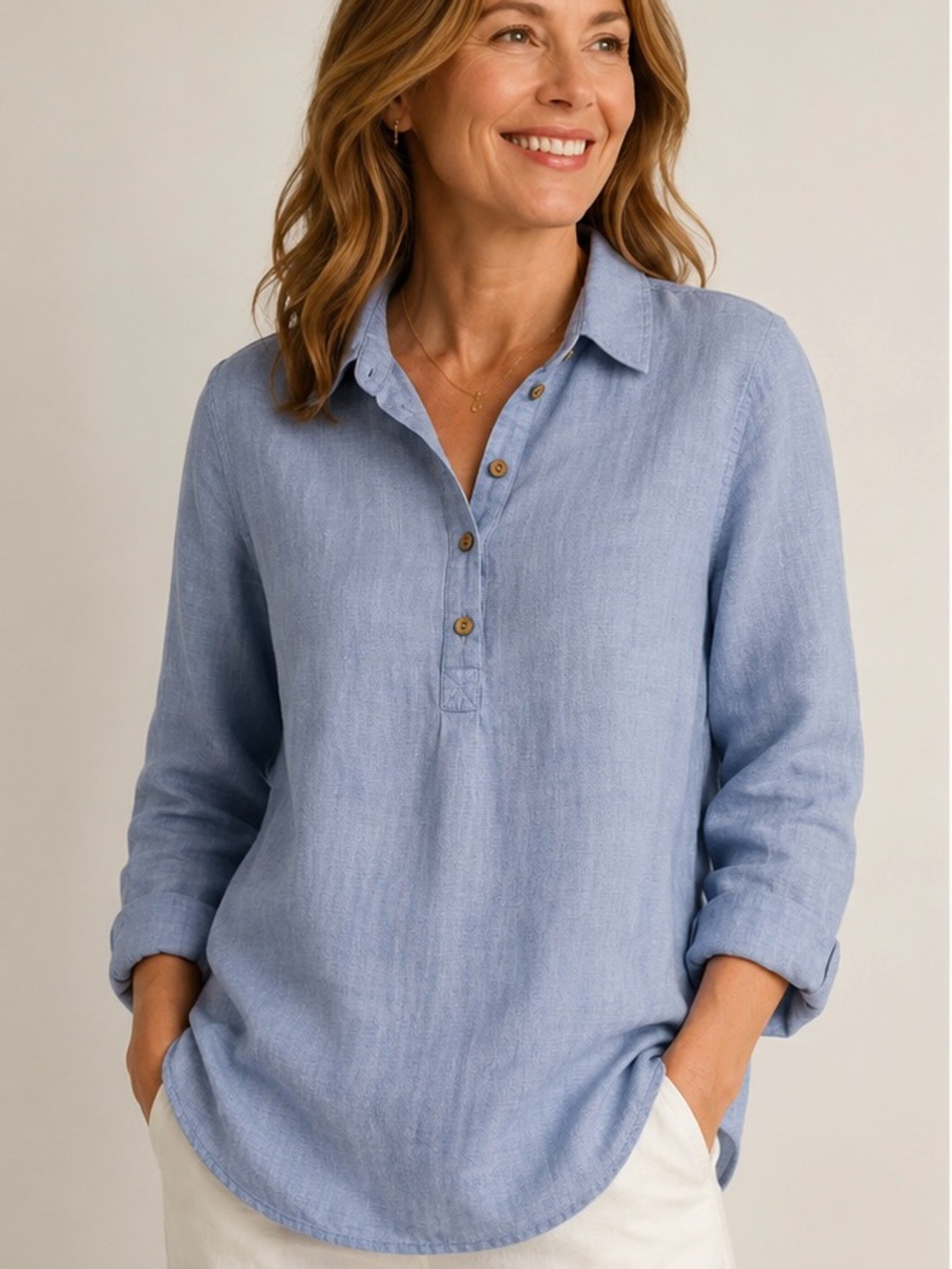 Sigrid Olsen 100% Linen Blue Popover Collared Blouse Shirt Medium Coastal EUC